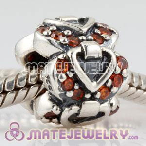 Sterling Silver elegant embrace heart charm beads with Orange CZ stones