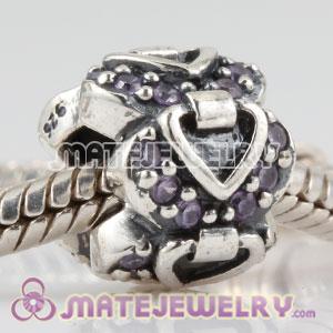 Sterling Silver elegant embrace heart charm beads with purple CZ stones