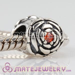 925 Sterling Silver Blooming Rose charm beads with orange CZ stones