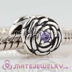 925 Sterling Silver Blooming Rose charm beads with lavender CZ stones