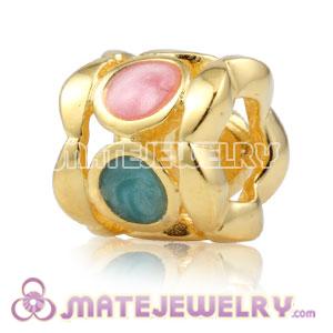 Gold plated 925 Sterling Silver Drum Charm Bead with Enamel Pink and Blue beads