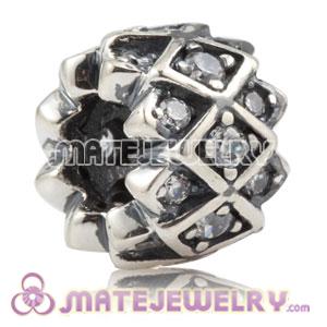 Authentic 925 Sterling Silver Grid charm Beads with Clear stones