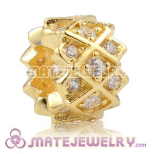 Gold plated Sterling Silver Grid charm Beads with Clear stones