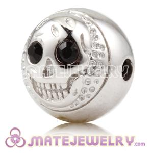 10×11mm Rhodium plated Sterling Silver Skull Head Ball Bead with Black Crystal stone