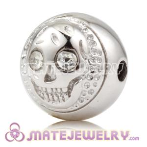 10×11mm Rhodium plated Sterling Silver Skull Head Ball Bead with Clear Crystal stone