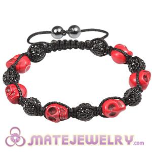Red Skull Head Inspired Mens Macrame Bracelets with Pave Crystal Bead and Hemitite