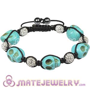 Turquoise Skull Head Inspired Mens Macrame Bracelets with Pave White Crystal Bead and Hemitite