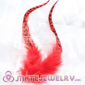 Wholesale Natural Striped Red Strung Rooster Feather Hair Extension 