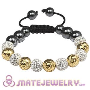 Gold Plated Silver Skull Head Beads Macrame Bracelets with Pave Czech Crystal and Hematite 