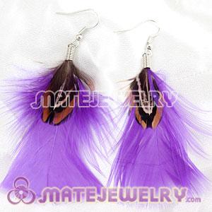 Natural Purple And Grizzly Rooster Feather Earrings With Alloy Fishhook 