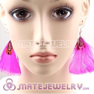 Natural Pink And Grizzly Rooster Feather Earrings With Alloy Fishhook 