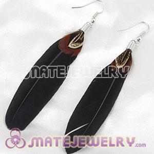 Natural Black And Grizzly Rooster Feather Earrings With Alloy Fishhook 