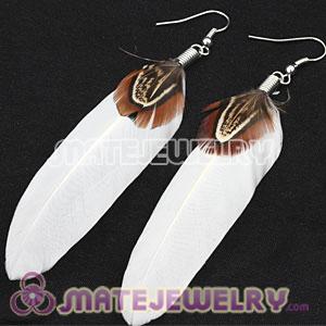  Snow White And Grizzly Rooster Feather Earrings With Alloy Fishhook 