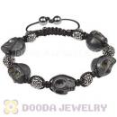 Black Skull Head Inspired Mens String Bracelets with Pave Grey Czech Crystal and Hemitite