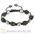 Black Skull Head Inspired Mens String Bracelets with Pave Czech Crystal and Hemitite