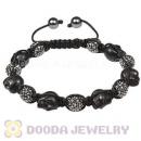 Black Skull Head Inspired Mens String Bracelets with Pave Czech Crystal and Hemitite