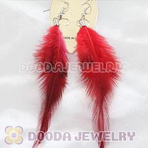 Red Handmade Rooster Feather Earrings With Alloy Fishhook Wholesale