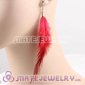Red Handmade Rooster Feather Earrings With Alloy Fishhook 