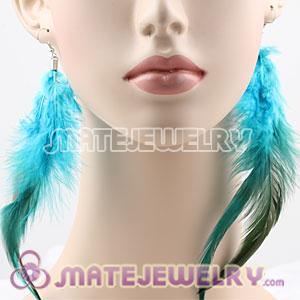 Fashion Long Blue Rooster Feather Earrings With Alloy Fishhook 
