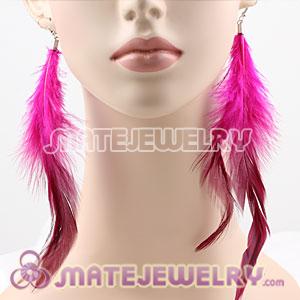 Fashion Long Magenta Rooster Feather Earrings With Alloy Fishhook 