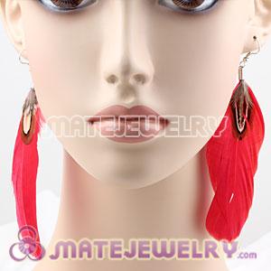 Fashion Bohemian Red Feather Earrings With Alloy Fishhook 
