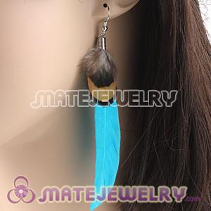 Fashion Cyan And Grizzly Feather Earrings With Alloy Fishhook 