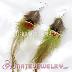 Cheap Long Lime And Grizzly Feather Earrings With Alloy Fishhook 