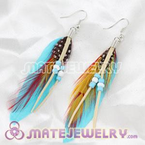 Cheap Tibetan Jaderic Indianstyles Blue Feather Earrings Enhanced By Mix Bead 