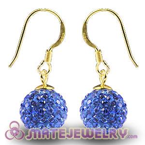 10mm Blue Czech Crystal Ball Gold Plated Sterling Silver Hook Earrings