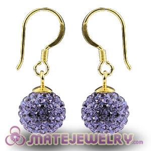 10mm Purple Czech Crystal Ball Gold Plated Sterling Silver Hook Earrings