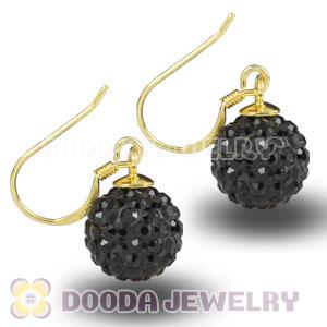 10mm Black Czech Crystal Ball Gold Plated Sterling Silver Hook Earrings