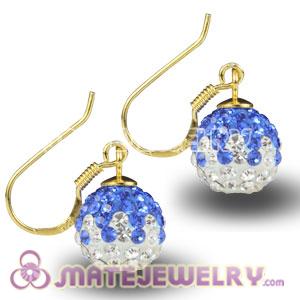 10mm Blue-White Czech Crystal Ball Gold Plated Sterling Silver Hook Earrings