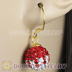 10mm Red-White Czech Crystal Ball Gold Plated Sterling Silver Hook Earrings