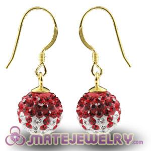 10mm Red-White Czech Crystal Ball Gold Plated Sterling Silver Hook Earrings