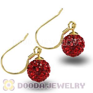 8mm Red Czech Crystal Ball Gold Plated Sterling Silver Hook Earrings