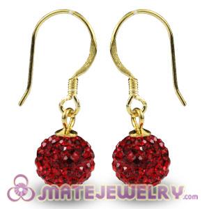 8mm Red Czech Crystal Ball Gold Plated Sterling Silver Hook Earrings