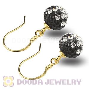 8mm Black-White Czech Crystal Ball Gold Plated Sterling Silver Hook Earrings