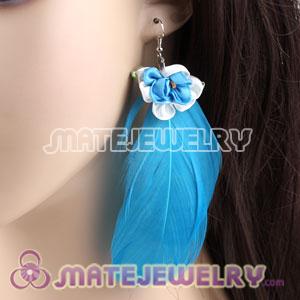 Long Blue Tibetan Jaderic Bohemia Styles Silk Flower Feather Earrings