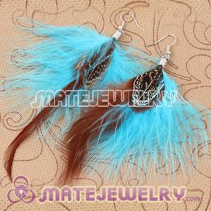 Long Blue Tibetan Jaderic Bohemia Styles Grizzly Feather Earrings