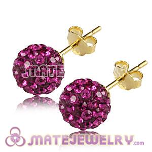 8mm Magenta Czech Crystal Ball Gold Plated Silver Stud Earrings Wholesale