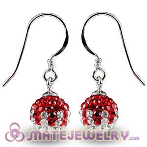 8mm Red-White Czech Crystal Ball Sterling Silver Hook Earrings
