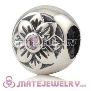 925 Sterling Silver Flower Charm Beads With Pink Stone