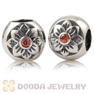 Antique Sterling Silver Flower Charm Beads With Orange Stone