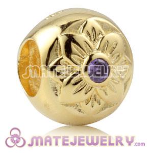 Gold Plated Silver Flower Charm Beads With Purple Stone