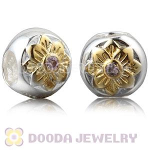 Gold Plated Sterling Silver Flower Charm Beads With Pink Stone