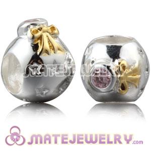 Gold Plated Silver Christmas Ball Beads With Pink Stone