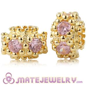 Gold Plated Sterling Silver Charm Beads With Pink Stone