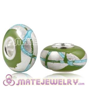 Cyan Ribbon Silver Foil Glass Charm Beads With Sterling Silver Single Core