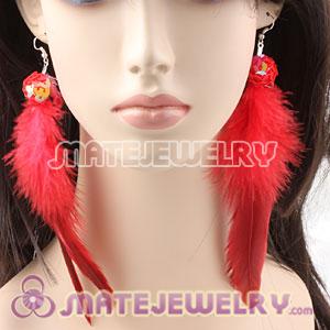 Cheap Red Ball Tibetan Jaderic Bohemia Long Feather Earrings  