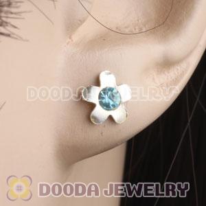 Sterling Silver Flower With Cyan CZ Stud Earrings Wholesale